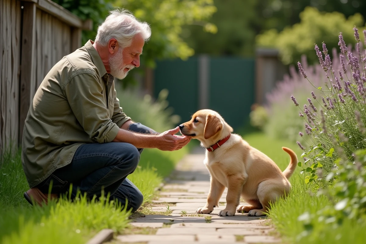 Homme d'âge mûr interagissant avec un chiot golden retriever dans un jardin fleuri en plein air