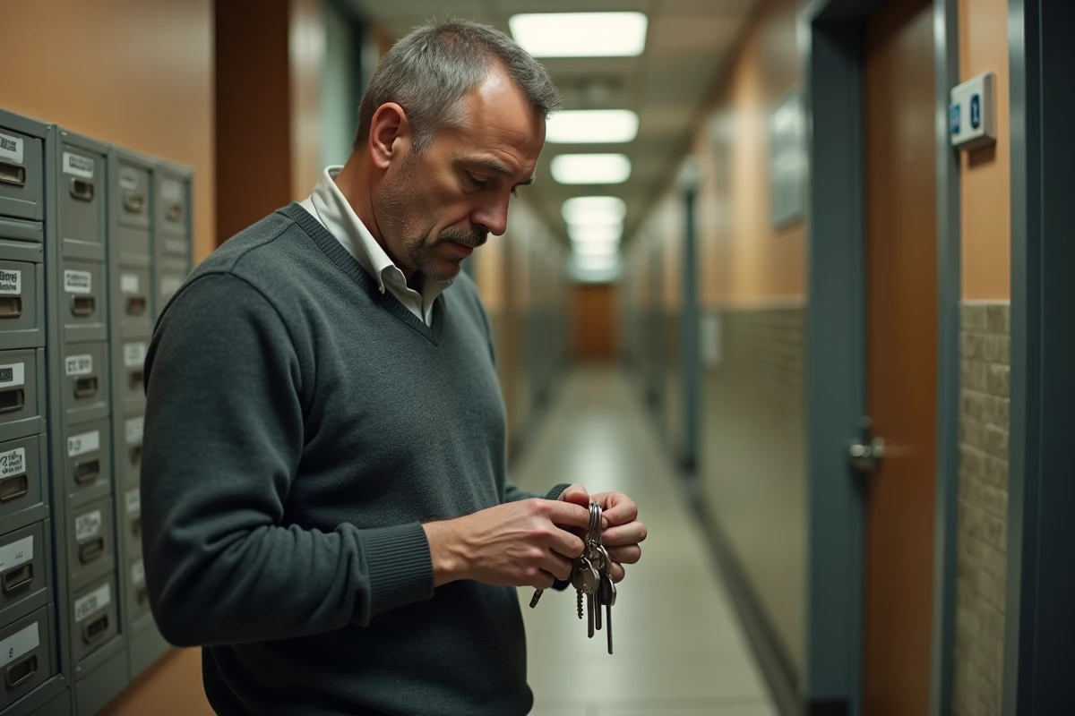 Homme vérifiant des clés dans le couloir d