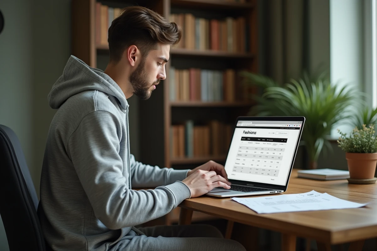 Homme consultant un guide des tailles sur un site de mode en ligne pour commander sur Zalando