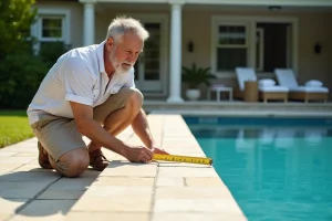 Homme mesurant le rebord d'une piscine extérieure