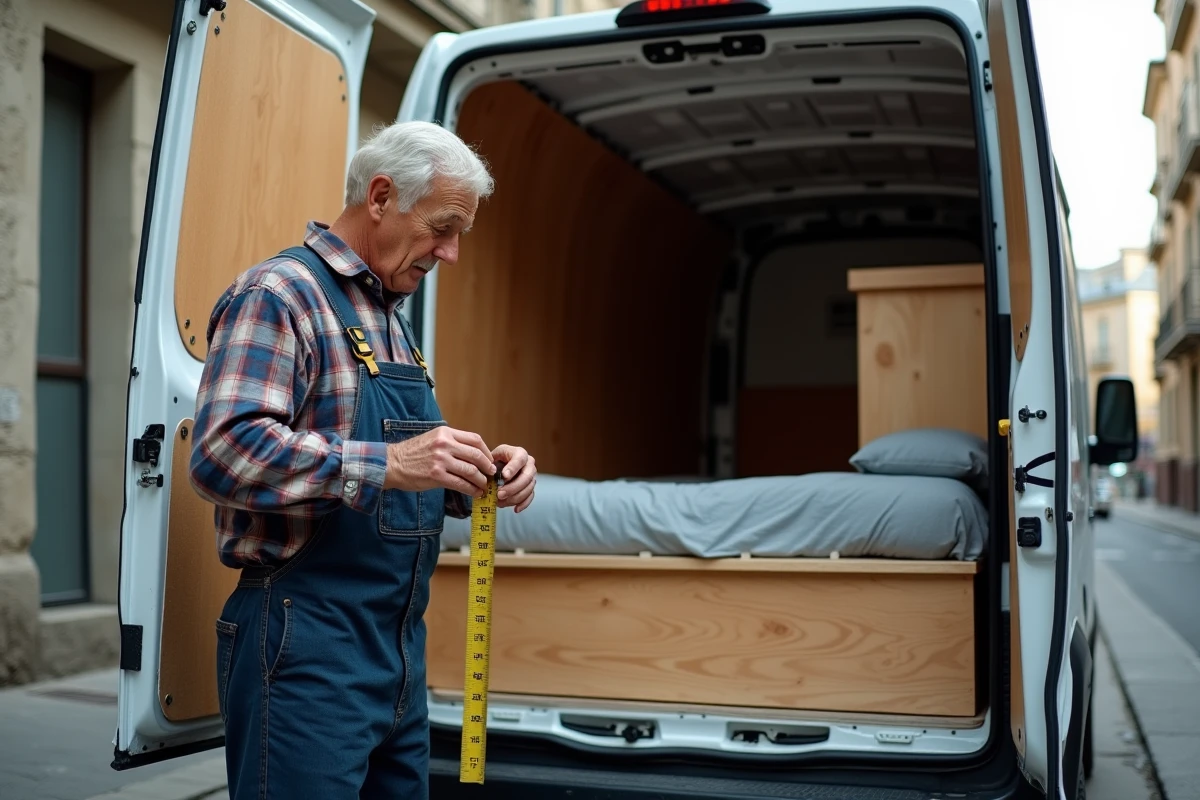 Homme mesurant l’intérieur d’un van utilitaire en ville