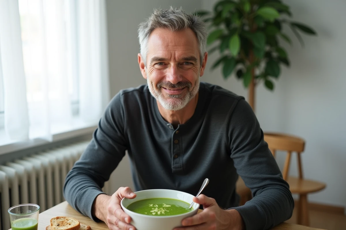 Homme dégustant une soupe verte au brocoli préparée avec un Nutribullet dans un appartement urbain