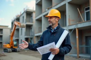 Inspecteur d'urbanisme examinant des plans de construction devant un chantier résidentiel en cours