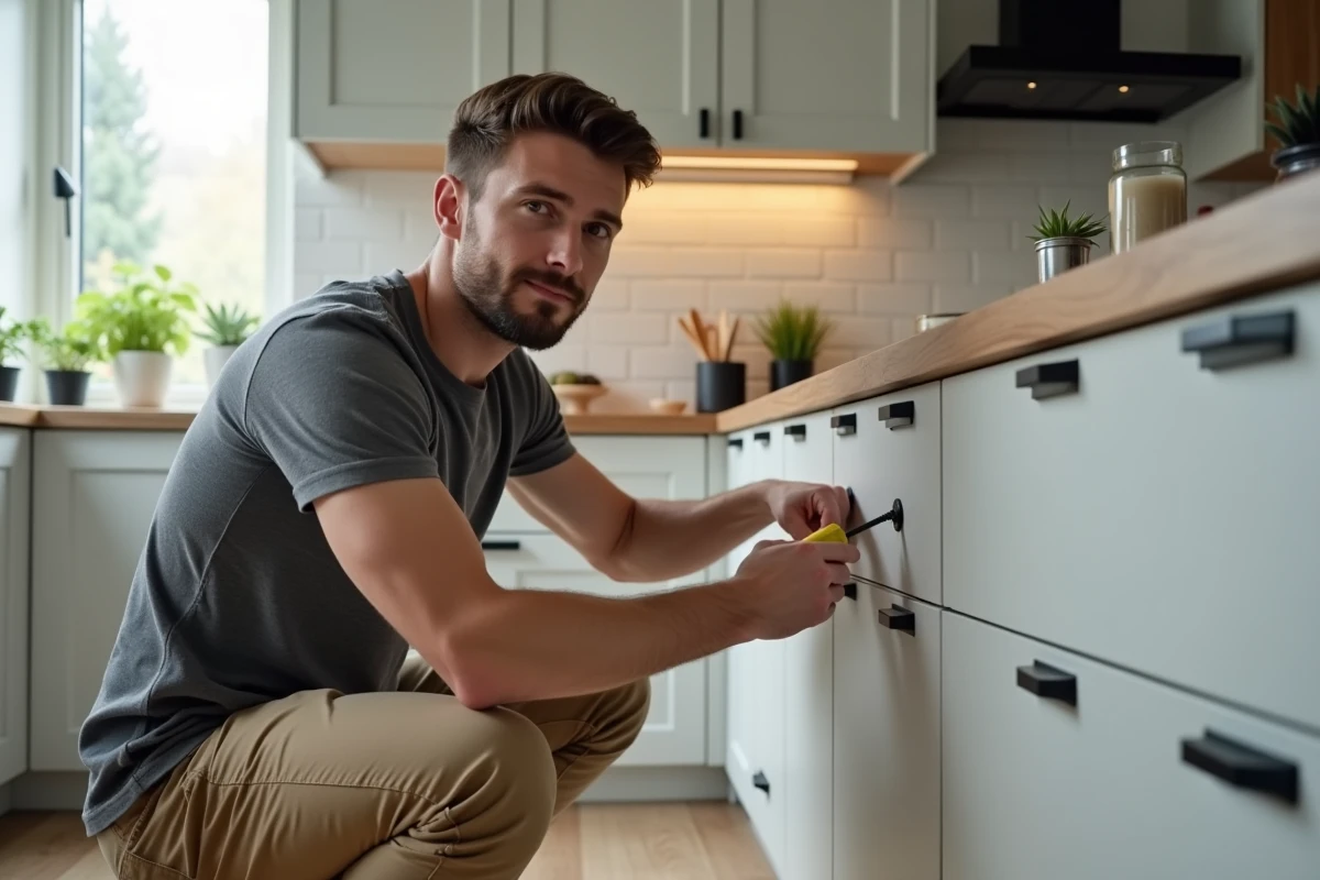 Homme installant une quincaillerie noire mate sur des placards de cuisine moderne dans un intérieur scandinave