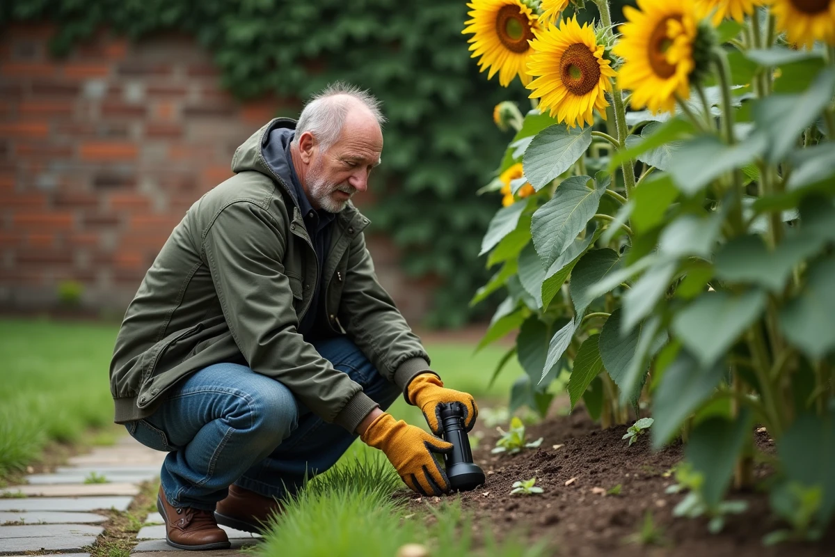 Homme installant un dispositif épouvantail anti-pies dans un parterre de fleurs au jardin
