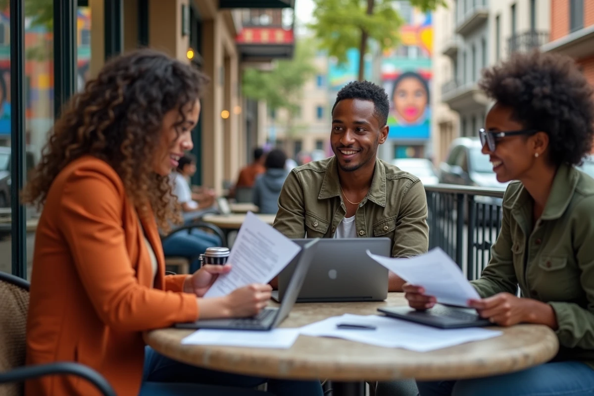 Jeunes adultes discutant dans un café urbain