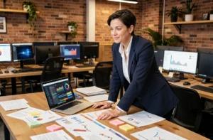 Journaliste analyste dans une salle de rédaction numérique moderne, entourée de rapports d'analyse et de tableaux de bord sur ordinateur portable
