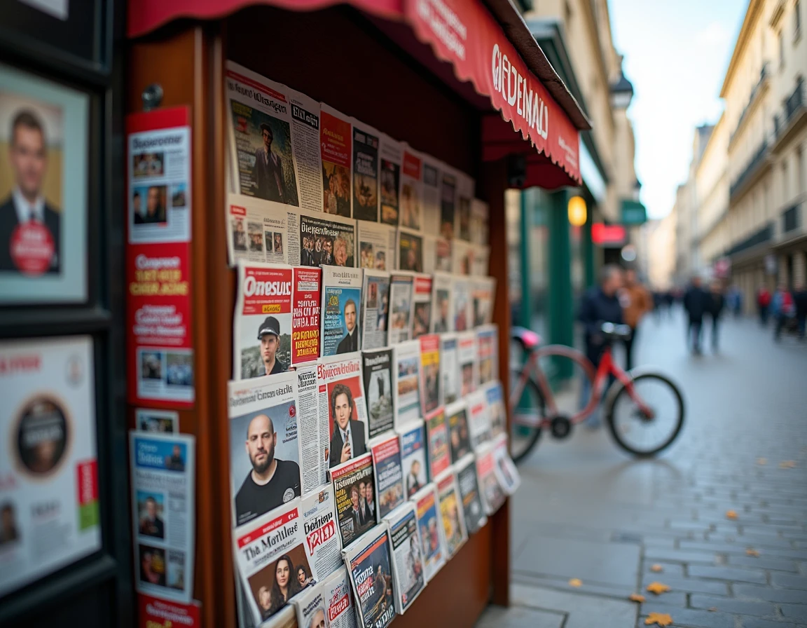 Kiosque à journaux parisien présentant une large sélection de unes de la presse française et internationale