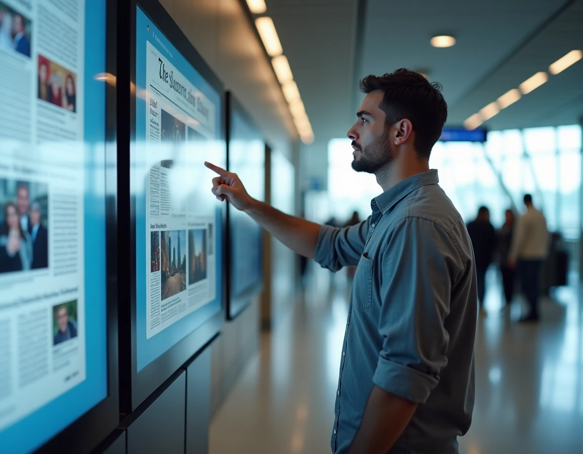 Homme consultant une borne numérique affichant les unes de la presse internationale dans un aéroport moderne