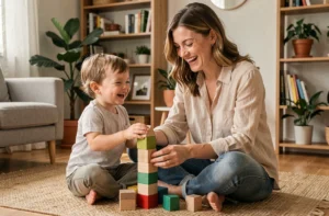 Mère et enfant en bas âge jouant ensemble sur un parquet en bois dans un salon scandinave chaleureux, illustrant une parentalité épanouie et sereine