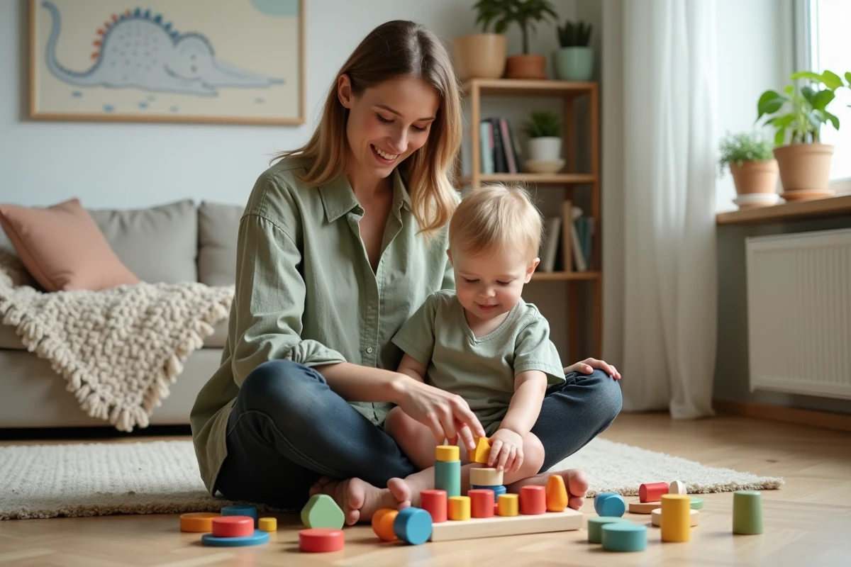 Jeune mère jouant avec son enfant en bas âge dans un salon scandinave moderne, tendances parentalité 2024