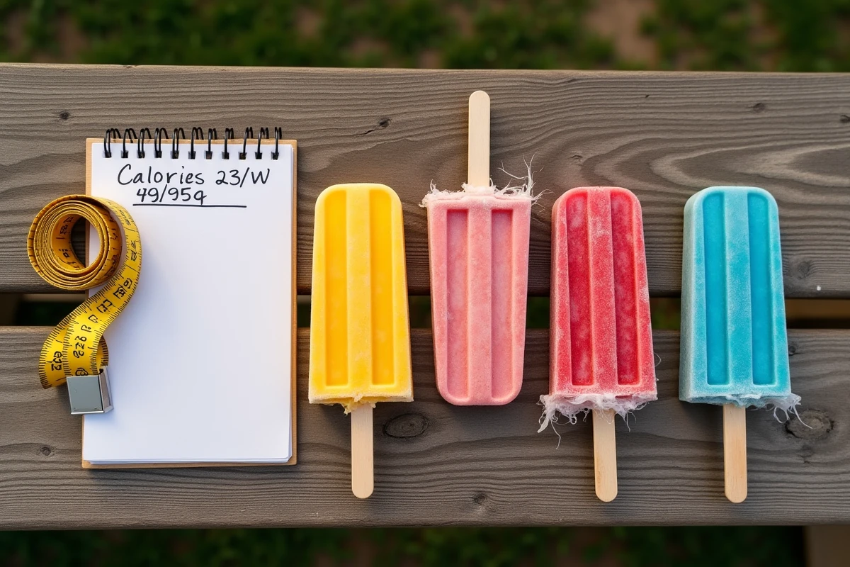 Assortiment de Mister Freeze colorés sur une table en bois avec un carnet de calories et un mètre ruban, pour illustrer le comptage calorique des glaces