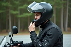 Motard ajustant l'intercom fixé sur son casque moto en plein air près d'une route forestière