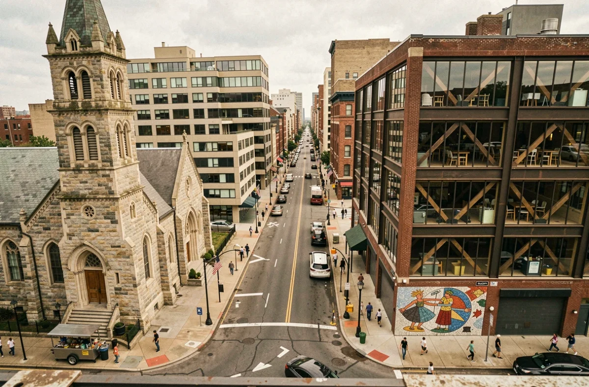 Vue panoramique d'un boulevard du Bronx montrant la diversité architecturale entre église romane, immeuble moderniste et entrepôt rénové à Mott Haven