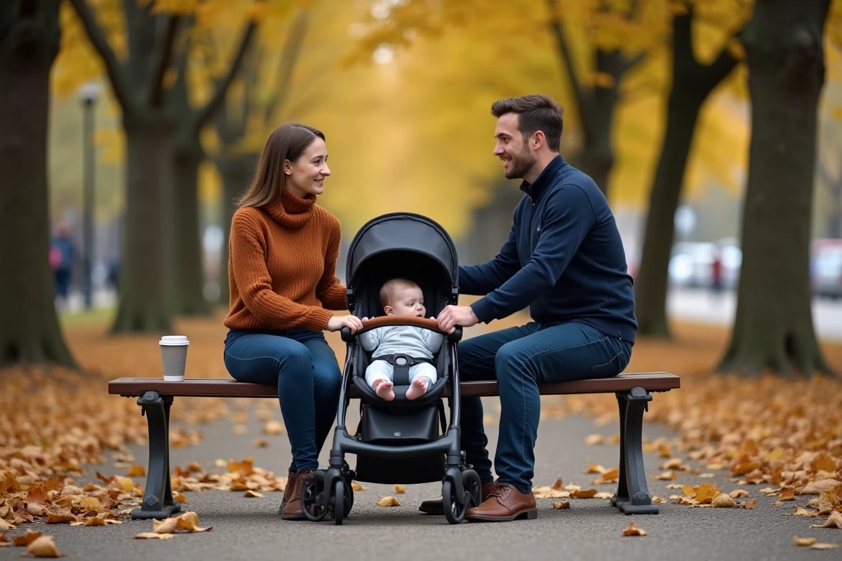 Couple de jeunes parents avec leur nourrisson dans un landau moderne dans un parc en automne, tendances parentalité 2024