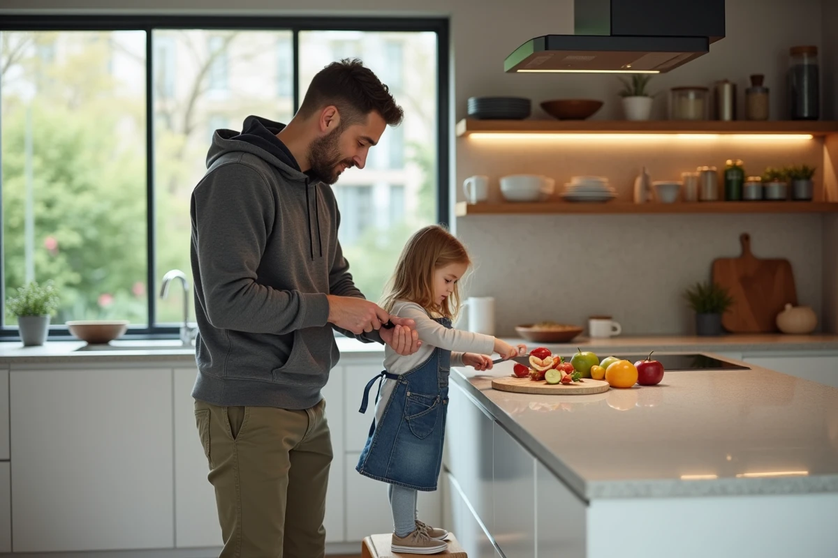 Père et fille préparant une collation saine ensemble dans une cuisine moderne, nouvelles tendances parentalité bienveillante