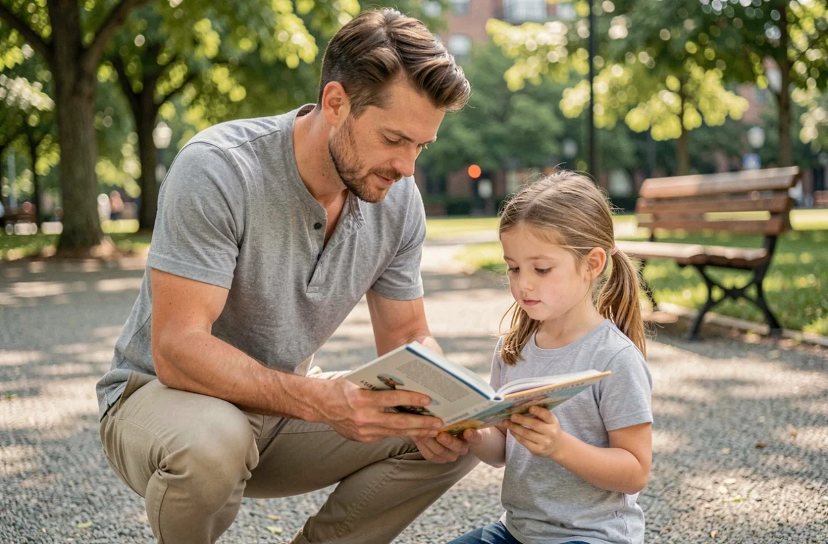 Père lisant un livre illustré avec sa fille dans un parc urbain verdoyant, moment de complicité parentale en plein air