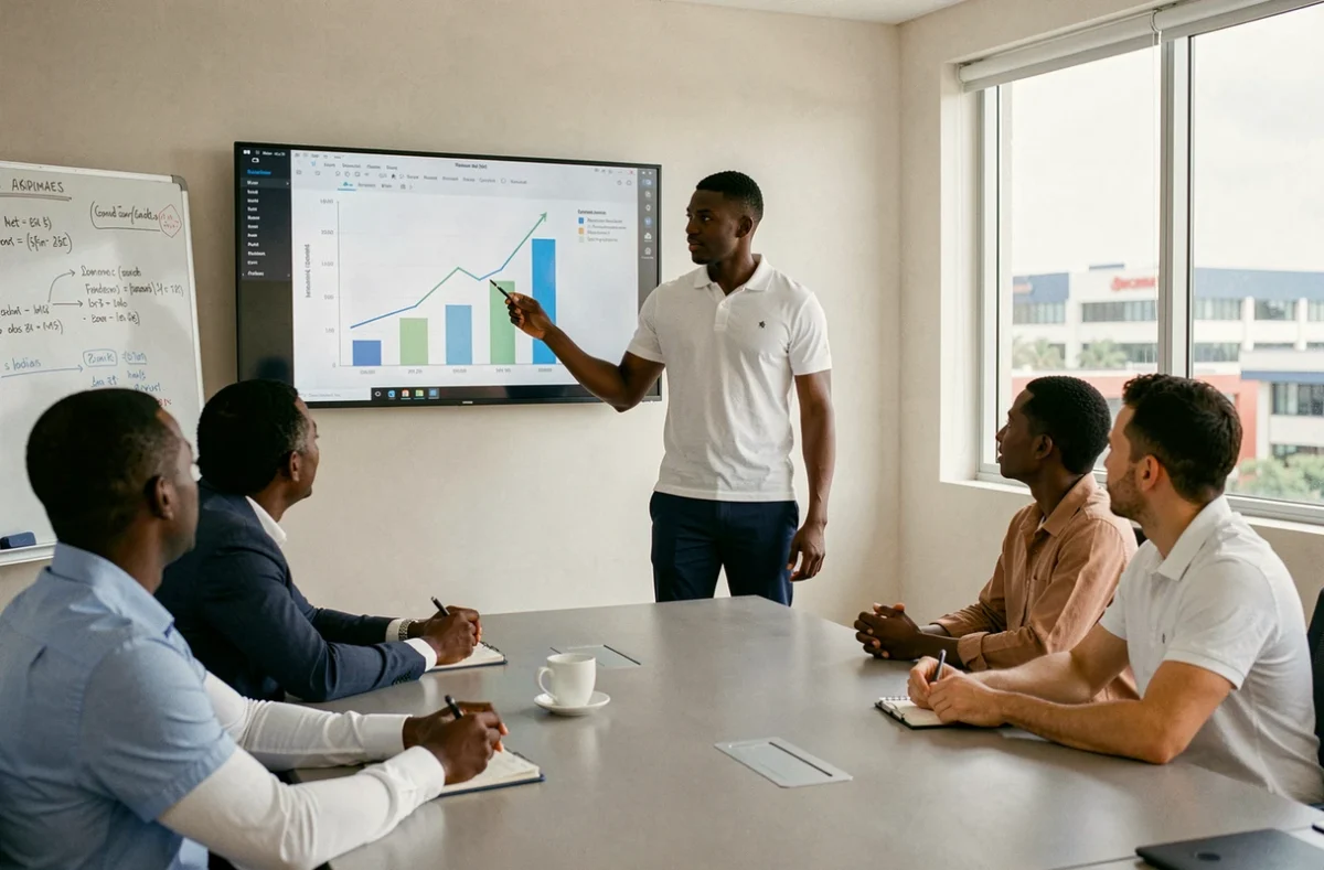 Jeune entrepreneur ivoirien présentant une stratégie de croissance d'entreprise lors d'une réunion professionnelle