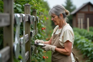 Femme accrochant des CD réfléchissants sur une clôture pour éloigner les pies du jardin potager
