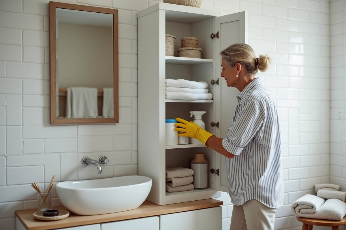 Femme organisant le rangement d'une salle de bain moderne avec des serviettes en lin et des produits ménagers