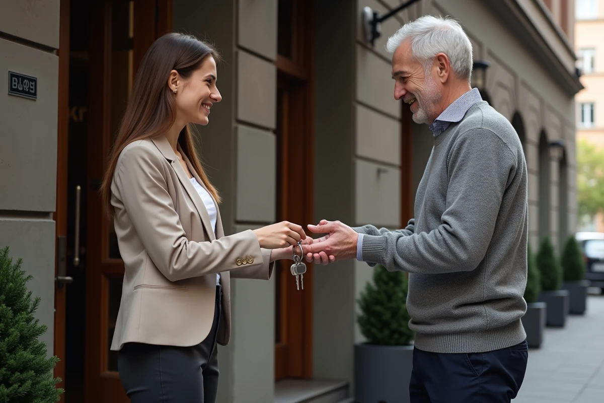 Jeune femme remettant des clés à un homme devant immeuble