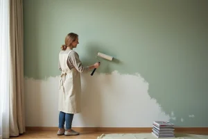 Femme qui repeint un mur de salon en vert sauge lors d'un projet de rénovation intérieure tendance