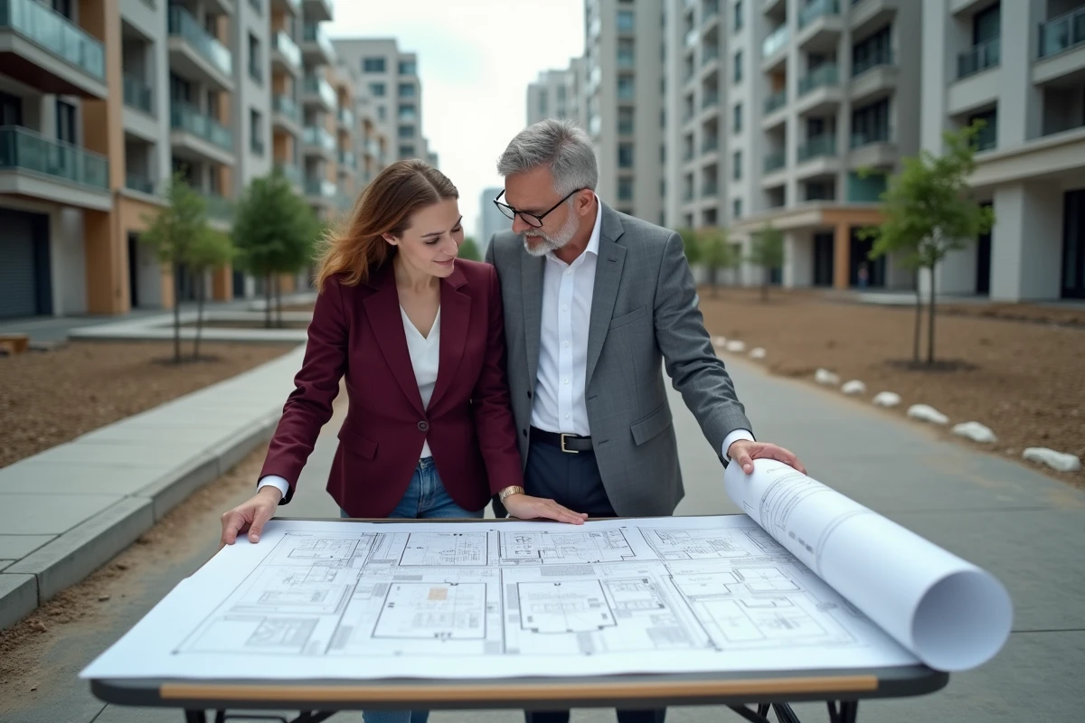 Chef de projet et urbaniste examinant ensemble un plan d'aménagement urbain sur un terrain en développement