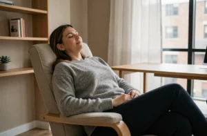 Femme en séance d'hypnose thérapeutique allongée dans un fauteuil, les yeux fermés, dans un cabinet de bien-être minimaliste