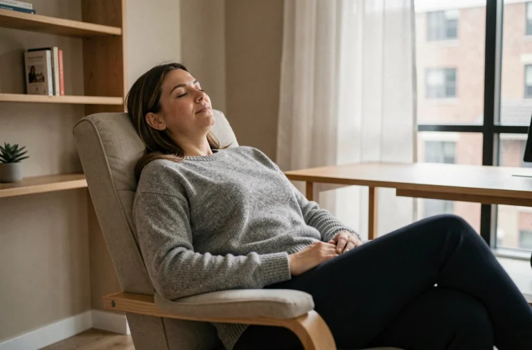 Femme en séance d'hypnose thérapeutique allongée dans un fauteuil, les yeux fermés, dans un cabinet de bien-être minimaliste