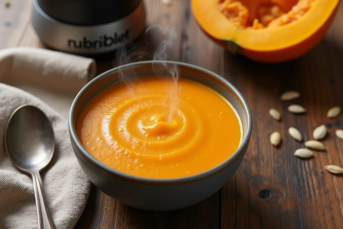Soupe de courge butternut fumante dans un bol en céramique à côté d'un Nutribullet sur table en bois rustique