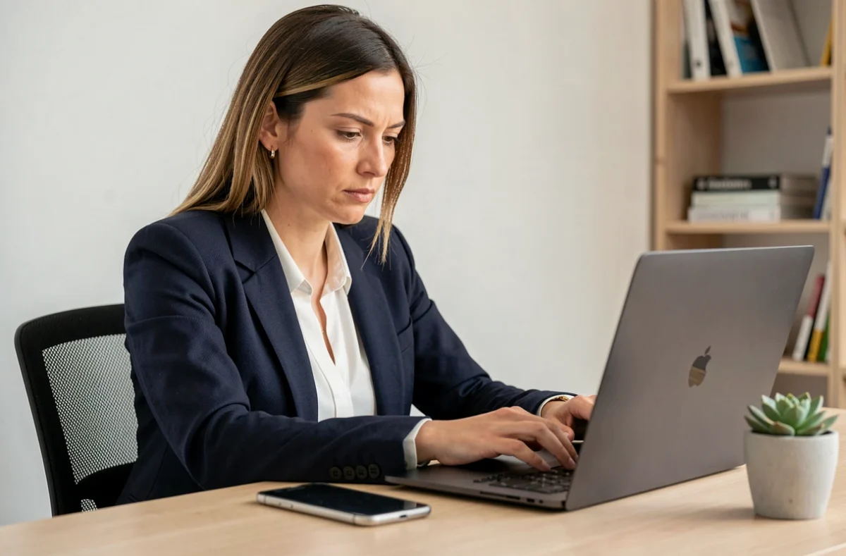 Femme utilisant un ordinateur portable et un smartphone pour consulter des stories Instagram de manière anonyme au bureau