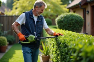 Homme d'âge moyen taillant une haie dans un jardin