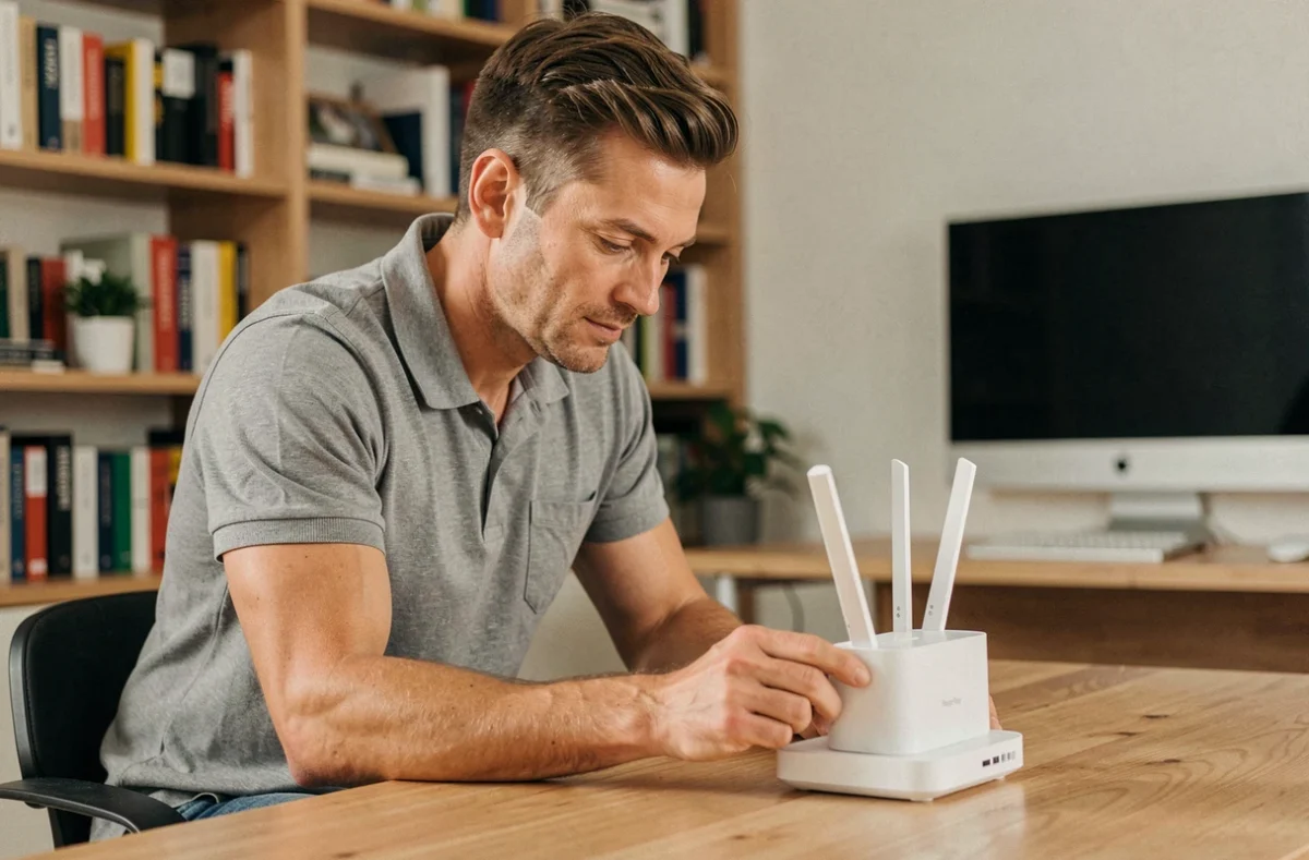 Technicien inspectant un routeur wifi 2,4 GHz blanc posé sur un bureau en bois dans un bureau à domicile moderne
