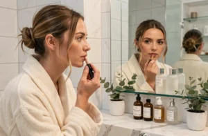 Femme appliquant un soin beauté devant un miroir de salle de bain marbre dans une ambiance matinale parisienne