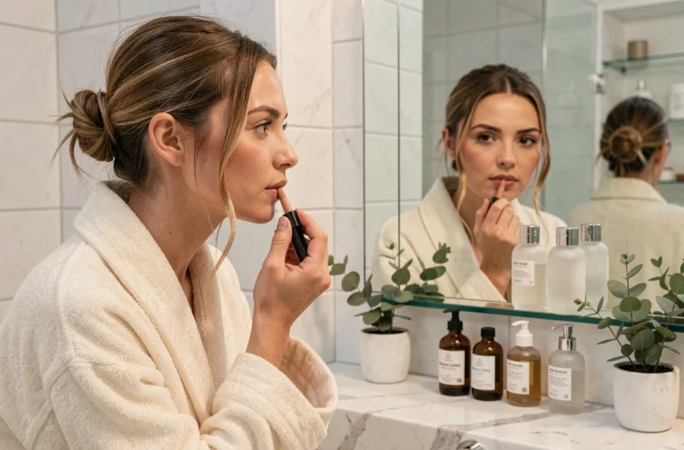 Femme appliquant un soin beauté devant un miroir de salle de bain marbre dans une ambiance matinale parisienne