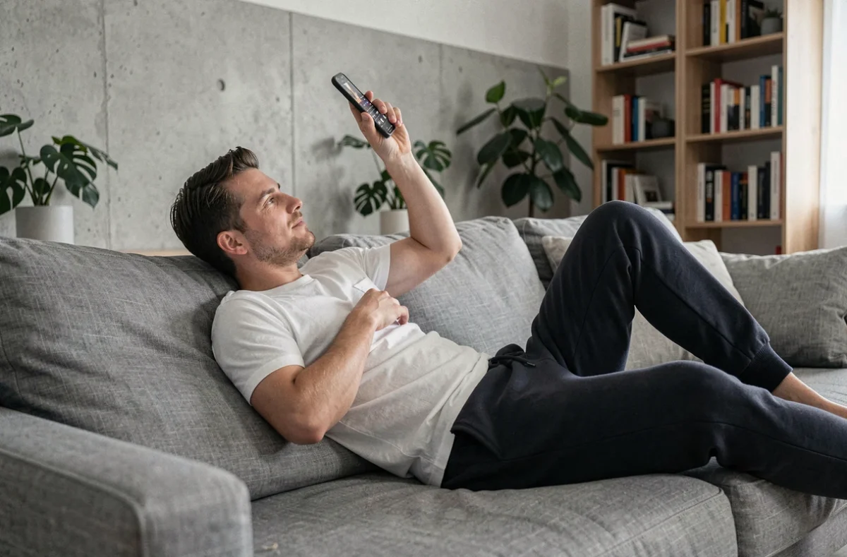 Homme naviguant discrètement sur les réseaux sociaux depuis son canapé à la maison avec un smartphone