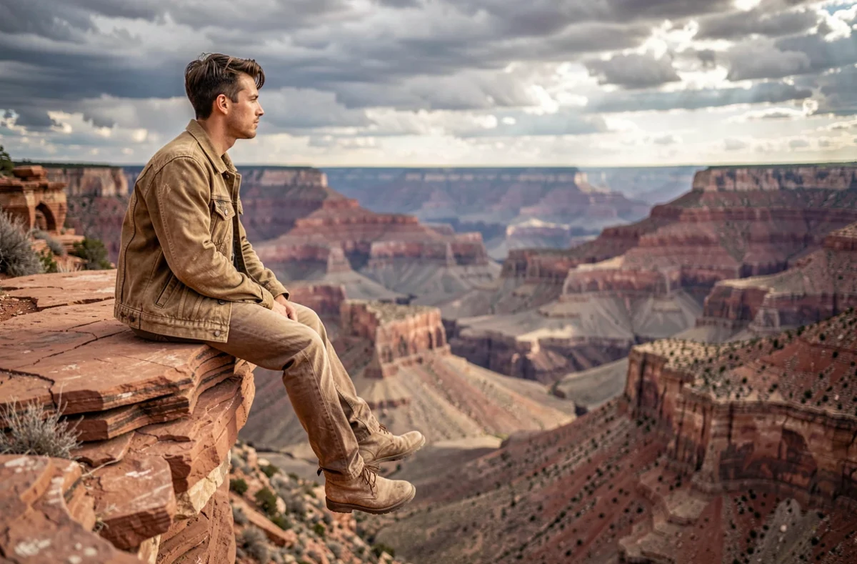 Jeune homme assis au bord d'un canyon de grès rouge dans le Sud-Ouest américain, contemplant un paysage de mesas à perte de vue