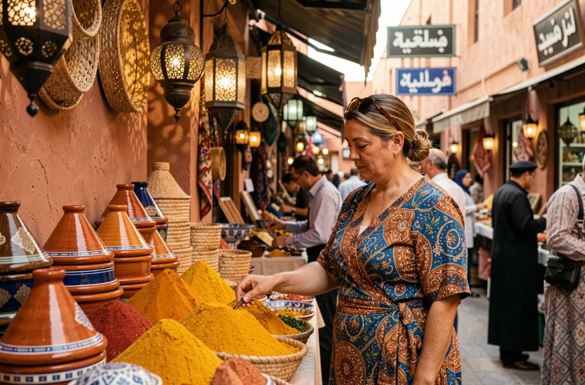Femme en robe wax colorée explorant un marché artisanal animé dans la médina de Marrakech, entourée d'épices et de céramiques