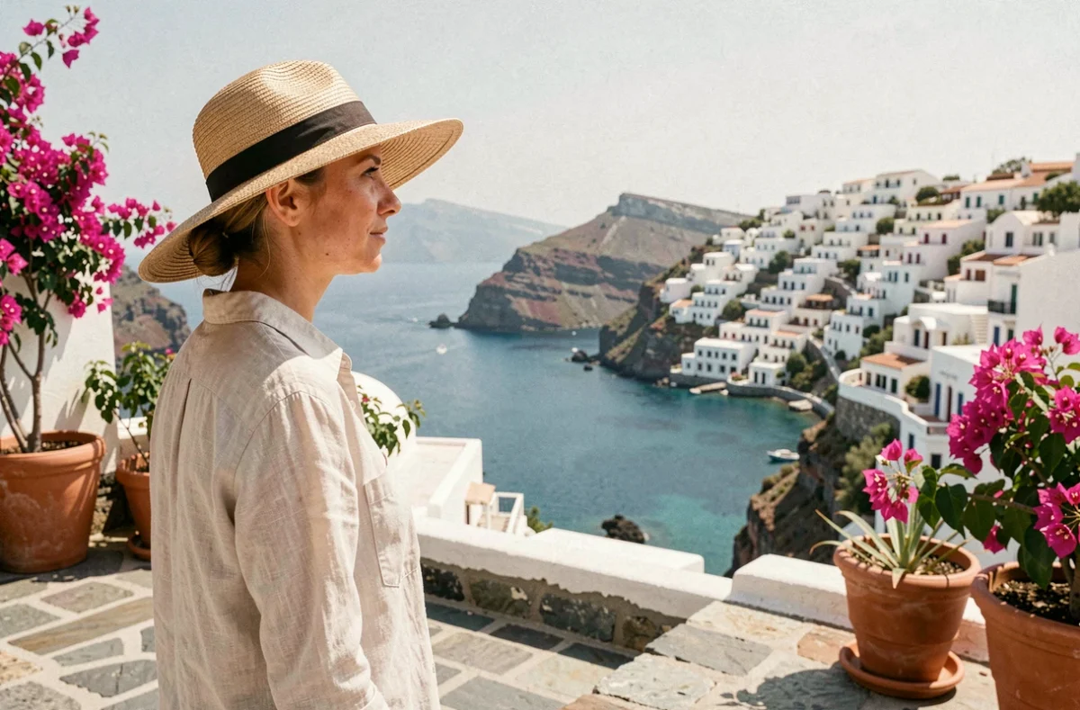 Voyageuse contemplant une baie méditerranéenne depuis une terrasse en pierre avec des maisons blanches en arrière-plan, destination Grèce 2024